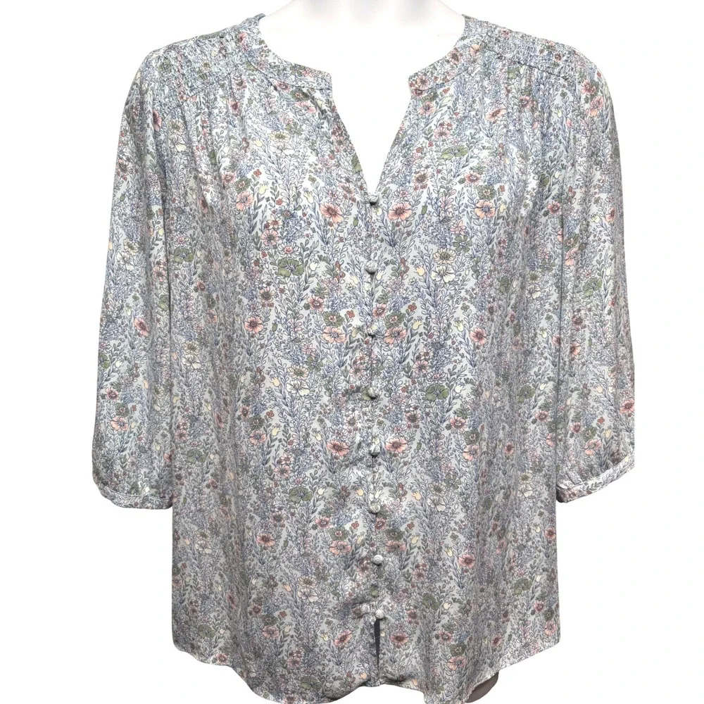 ROSE + OLIVE Blue Floral Smocked Button Front Blouse 1X Flowy Cottagecore Boho